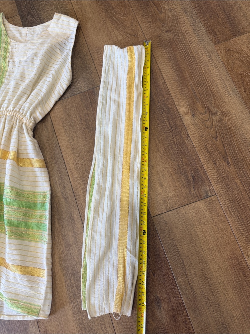 Ethiopian Dress. Cream Dress with Green & Gold Stripes - Picture 8 of 8